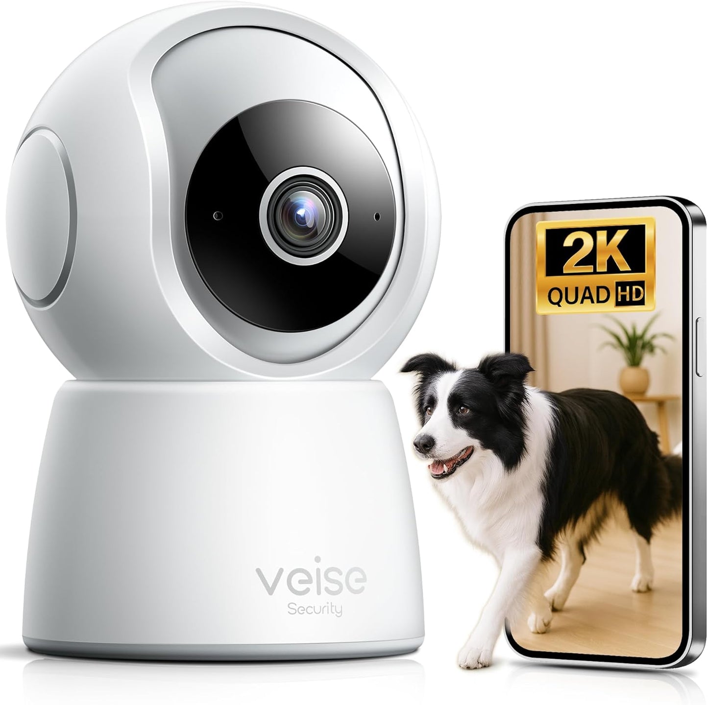 Veise 2K Security Camera Indoor 2.4GHz, 360° Pan/Tilt Cameras for Home Security, Pet & Baby Monitor, Motion Tracking, Voice Control, 2-Way Audio, IR Night Vision, Cloud &SD Card Storage, White