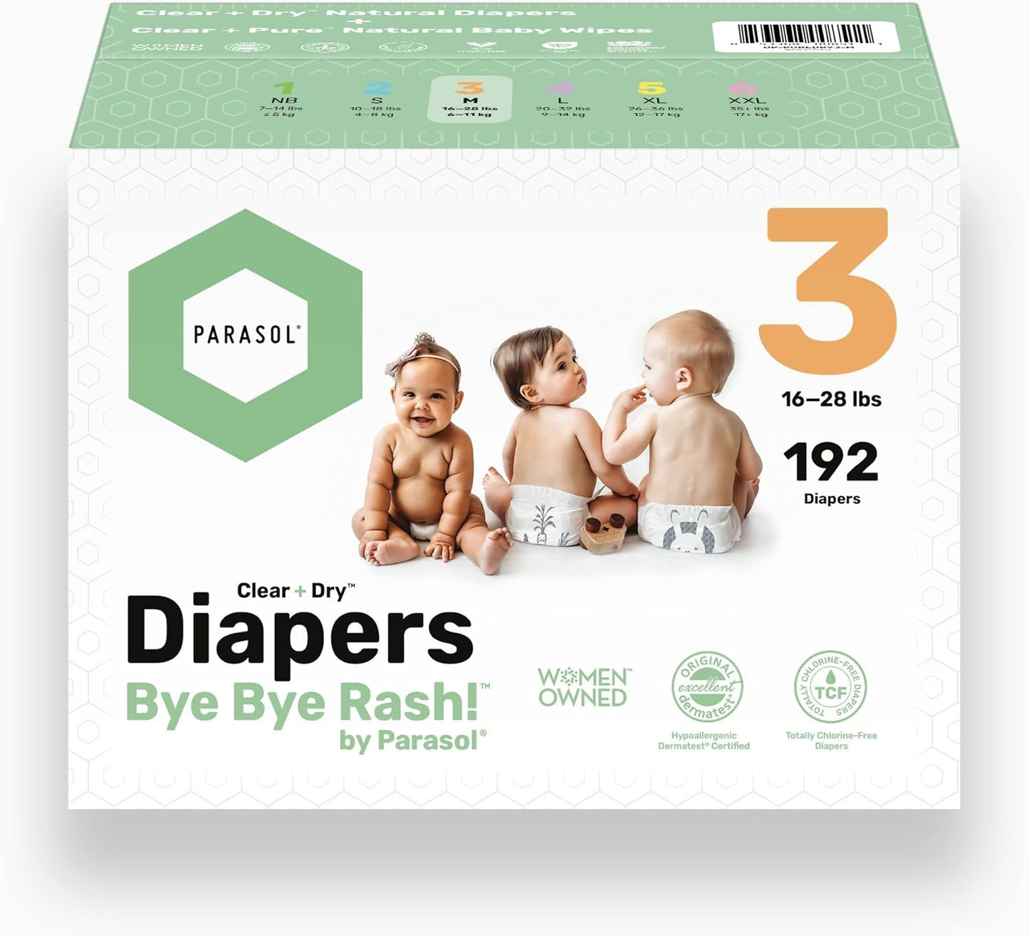 Parasol Clear+Dry Disposable Diapers and Clear+Pure Wipes, RashShield Protection, Size 3 (16-28 lbs), Diaper Bundle of 192 Diapers & 240 Wipes