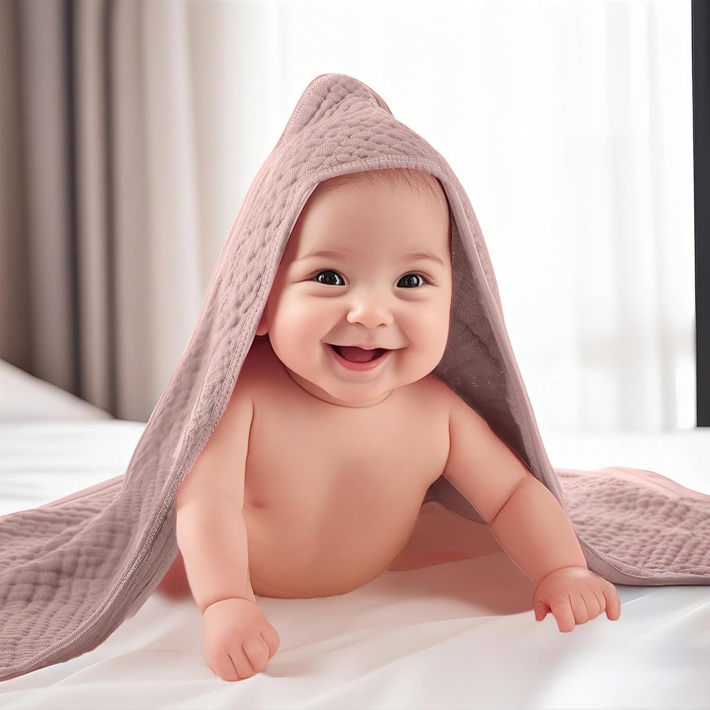 VitalCozy 12 Pcs Baby Muslin Hooded Bath Towels and Washcloths, 32 x 32 Inch Muslin Hooded Baby Towels Absorbent Blankets for Gift Newborn Infant Shower (Girl Style)