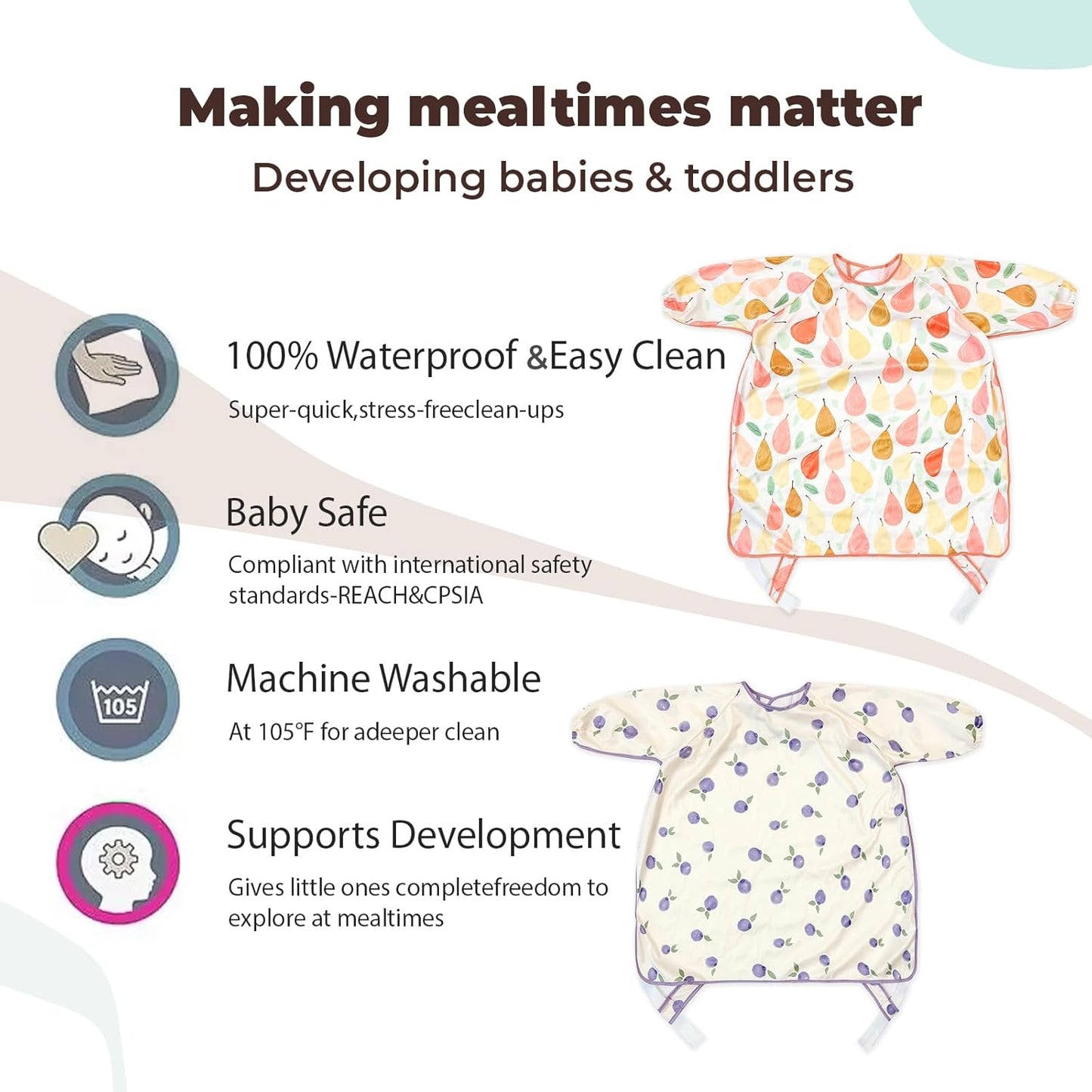 Happy Flute Long Sleeve Baby Bib-Mess Proof Baby Feeding Bibs with Adjustable Design for Babies during Eating or Highchair