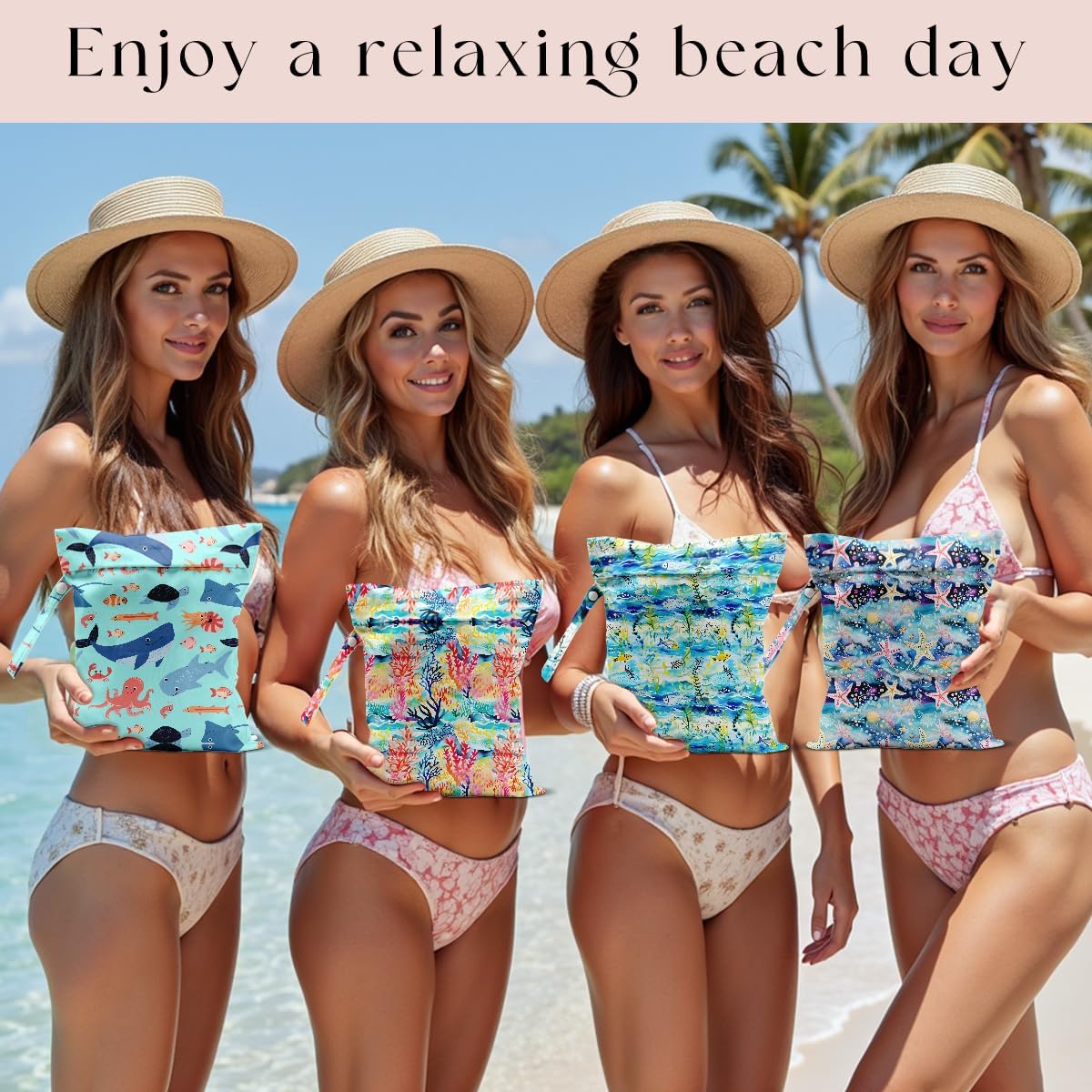 4 Pack Wet Bag for Swimsuit, Beach Travel Essentials Wet Dry Bag, for Sunscreen Toiletry Dirty Clothes Yoga Gym Diaper, Friend Summer Beach Vacation Gifts. Ocean Theme