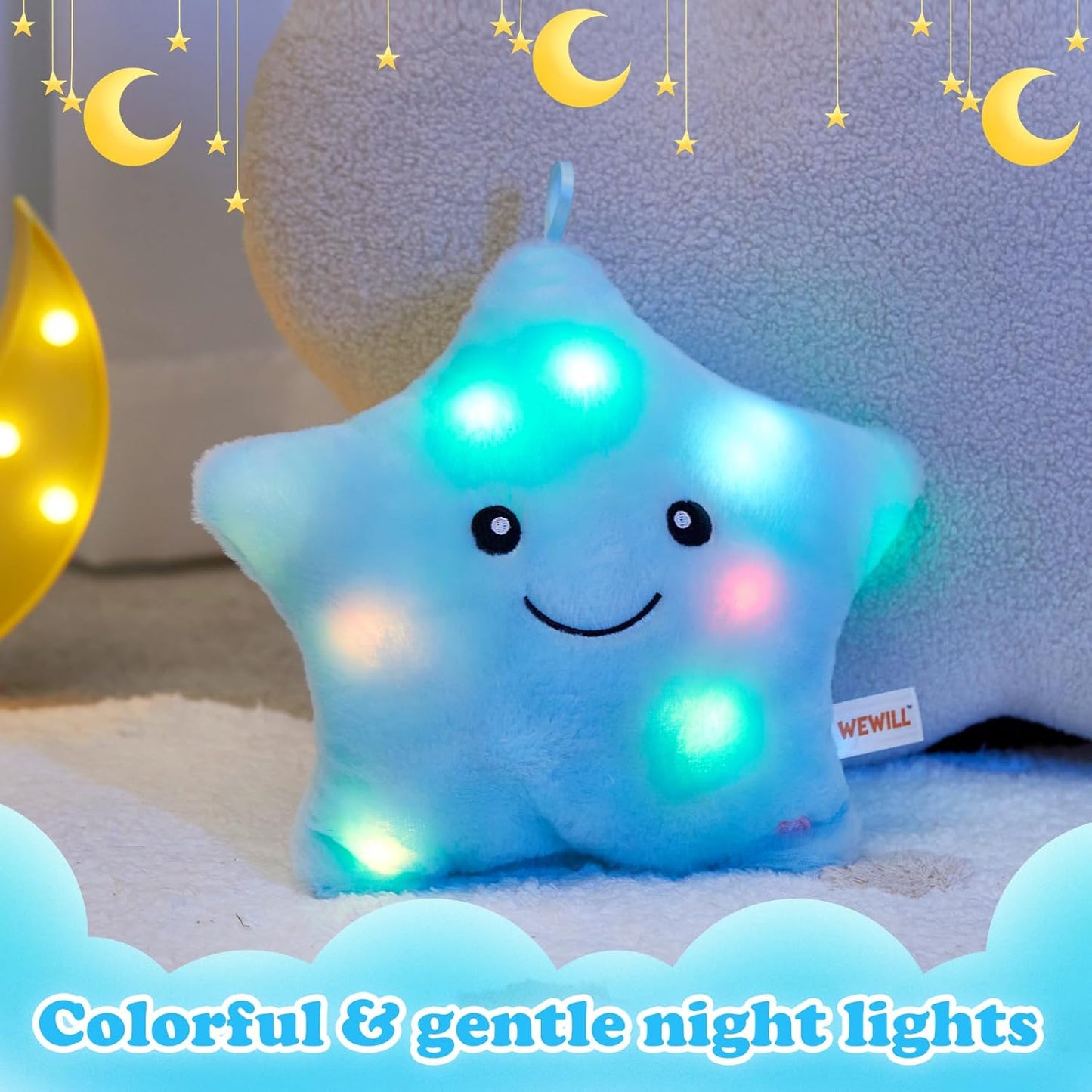 WEWILL 9'' LED Twinkle Star Soft Plush Pillow Toys Glowing Stuffed Star Light up Pillow Plush with Colorful Night Lights Birthday Gift for Toddler Kids(Blue)