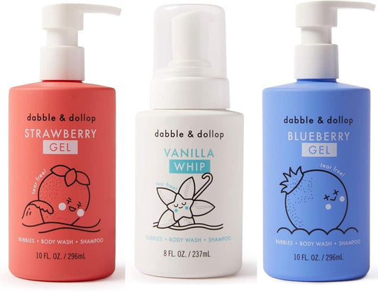 Dabble & Dollop USA Bundle, 3-in-1 Natural Bubble Bath, Body Wash & Shampoo for Kids, Paraben & Sulfate Free, Vegan, Tear-Free, Strawberry, Vanilla & Blueberry (Set of 3)