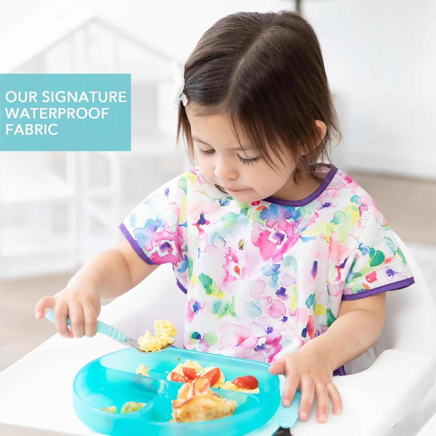 Bumkins - Junior Bib - For Boys & Girls, Toddlers & Kids 1-3 Years - Lightweight, Durable, Waterproof - Short Sleeve Bib - Catch-All Pocket - Wipeable & Machine Washable - Unicorns, 2-pack