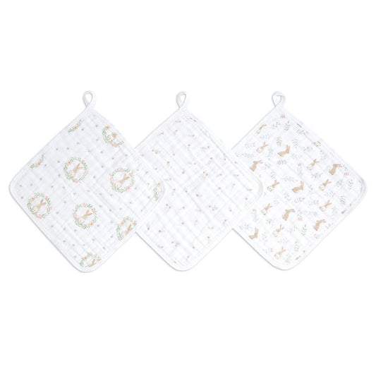 aden + anais Essentials Washcloth 3-Pack, Super Soft 100% Cotton Muslin, Gentle on Skin, 3 Absorbent 11x11 Layers, Softer with Every Use, Perfect for Babies, Infants, Toddlers, Blushing Bunnies