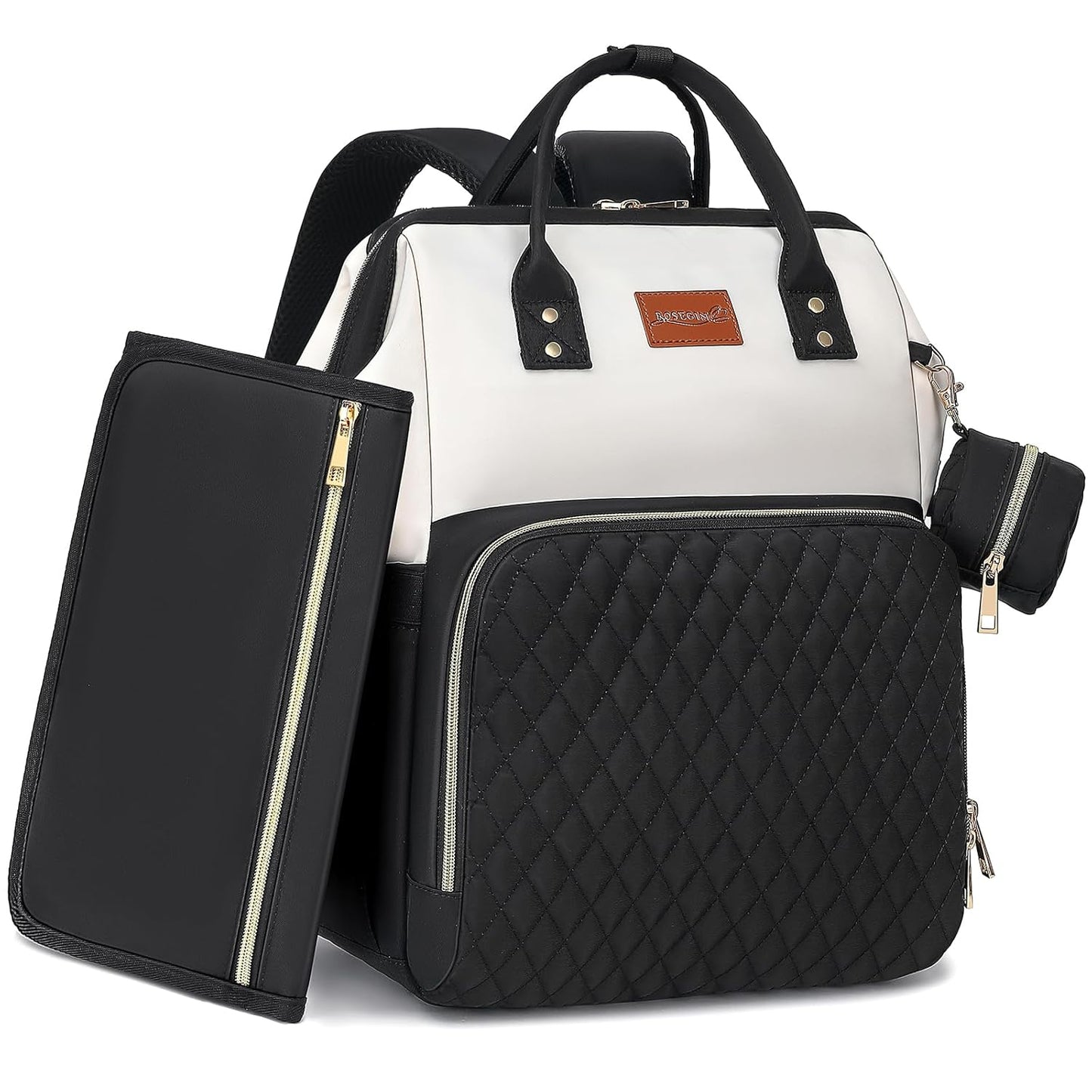 Baby Diaper Bag Backpack with Changing Pad, Pacifier Case, for Boy Girl Toddler - Large, Stylish, Waterproof Travel Quilted Diaper Bag for Mom - Black/White