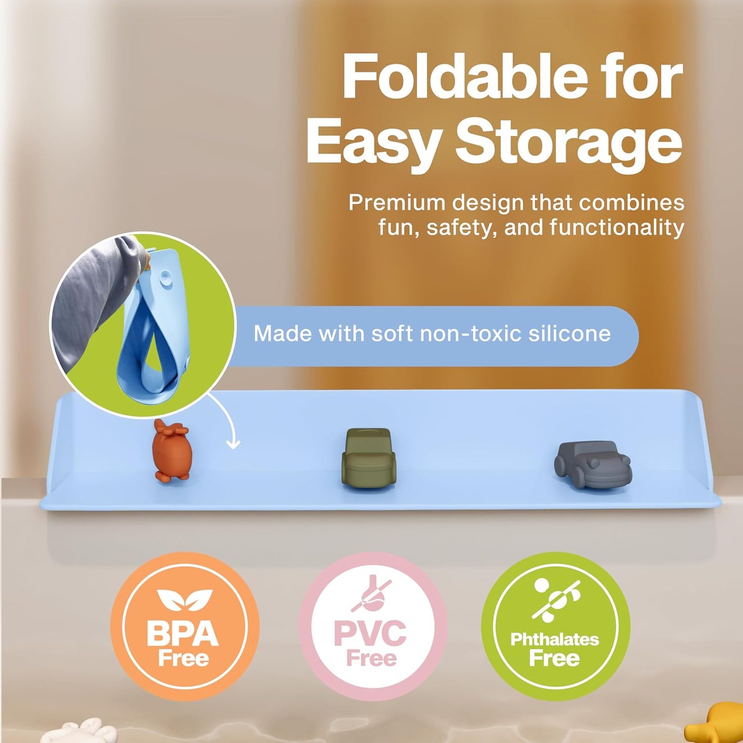 PlayPad, 3-Ft Long with SplashGuard For Bathtub, 5-Inch Tall - Kids Mess-Free Bath and No Leaks with Strong Suction Cups - Ocean Blue
