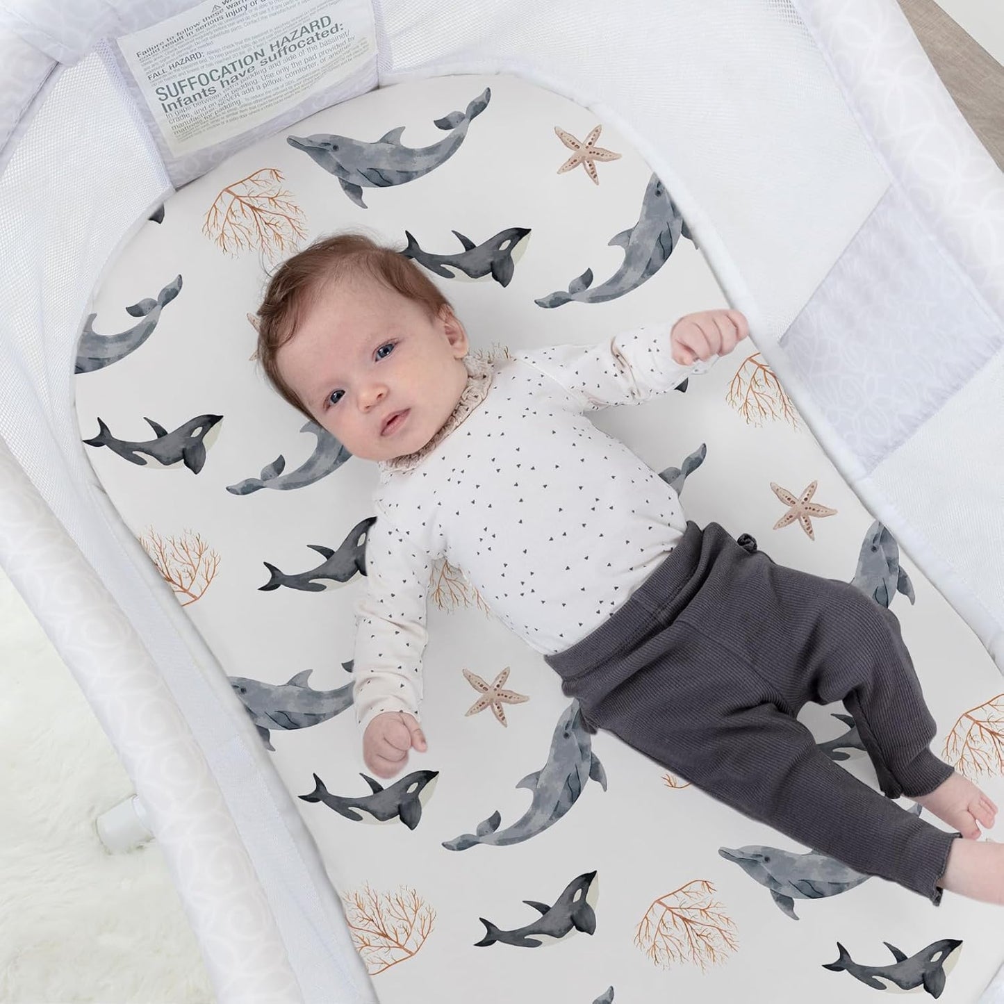 Stretch Fitted Bassinet Sheet Set BROLEX 2 Pack Cradle Sheets for Bassinet Pad/Mattress,Unisex Boys Girls,Ultra Soft,Dolphins Shells