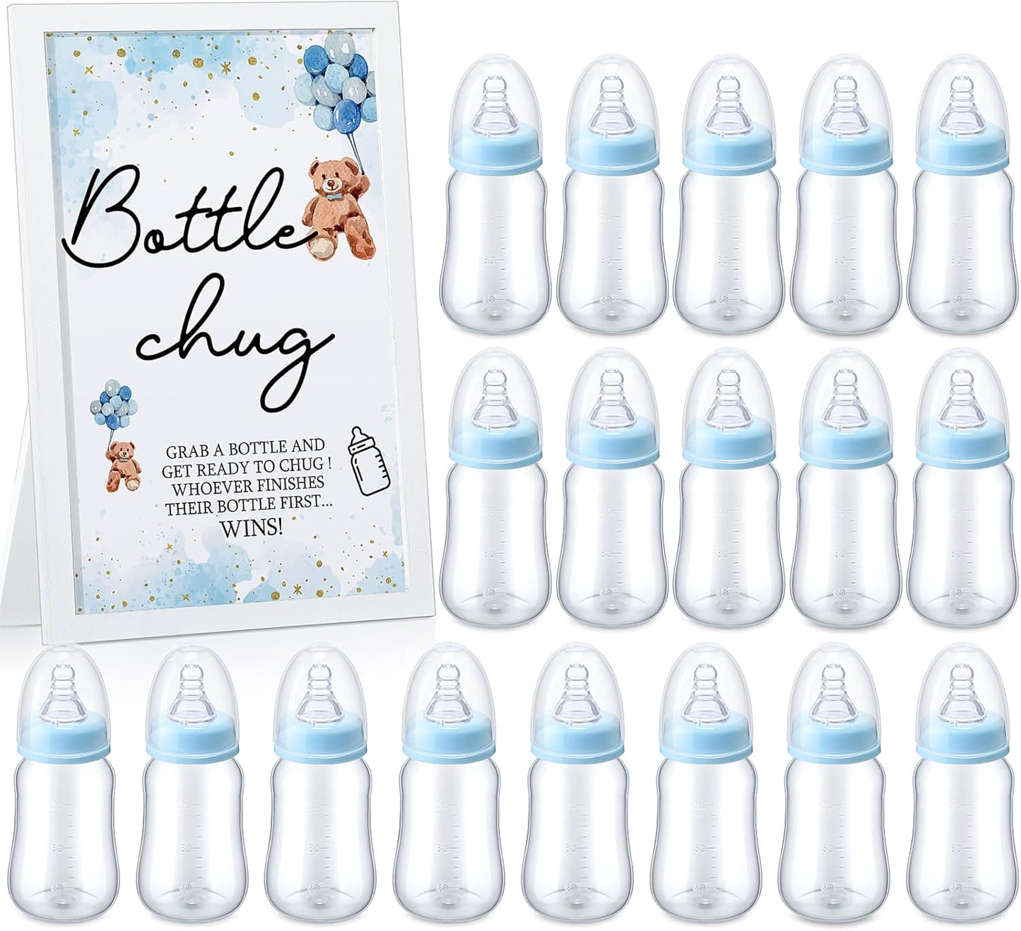 Roowest Bottle Chug Baby Shower Games Favors Including 18 Pcs Feeding Bottles with Blue Bear Theme Wooden Sign for Gender Reveal Baby Shower Party Supplies