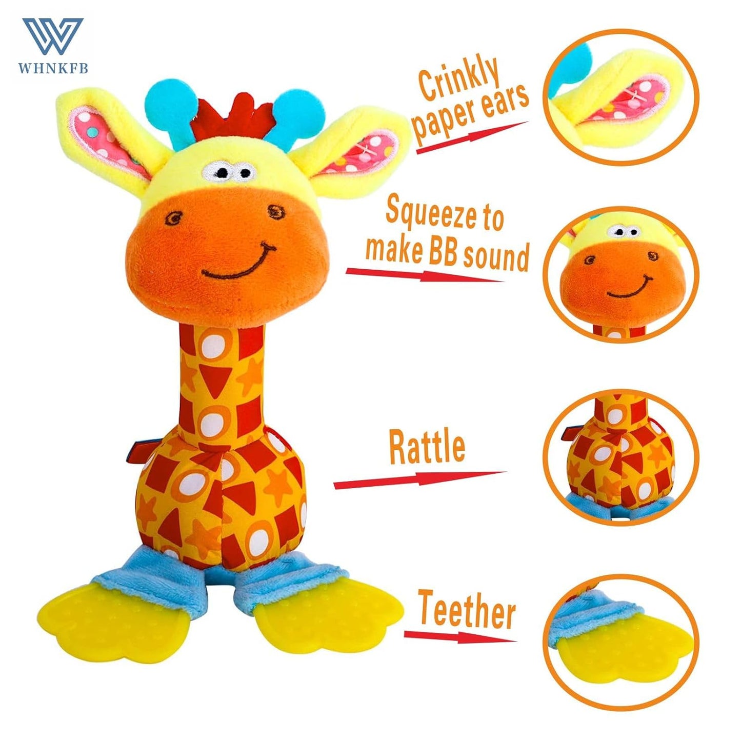 Baby Teether Rattle Toy - Soft Giraffe Plush with Crinkle Squeaky Sound, Sensory Shaker for Newborns 0-12 Months, Infant Learning and Travel Stroller Toy