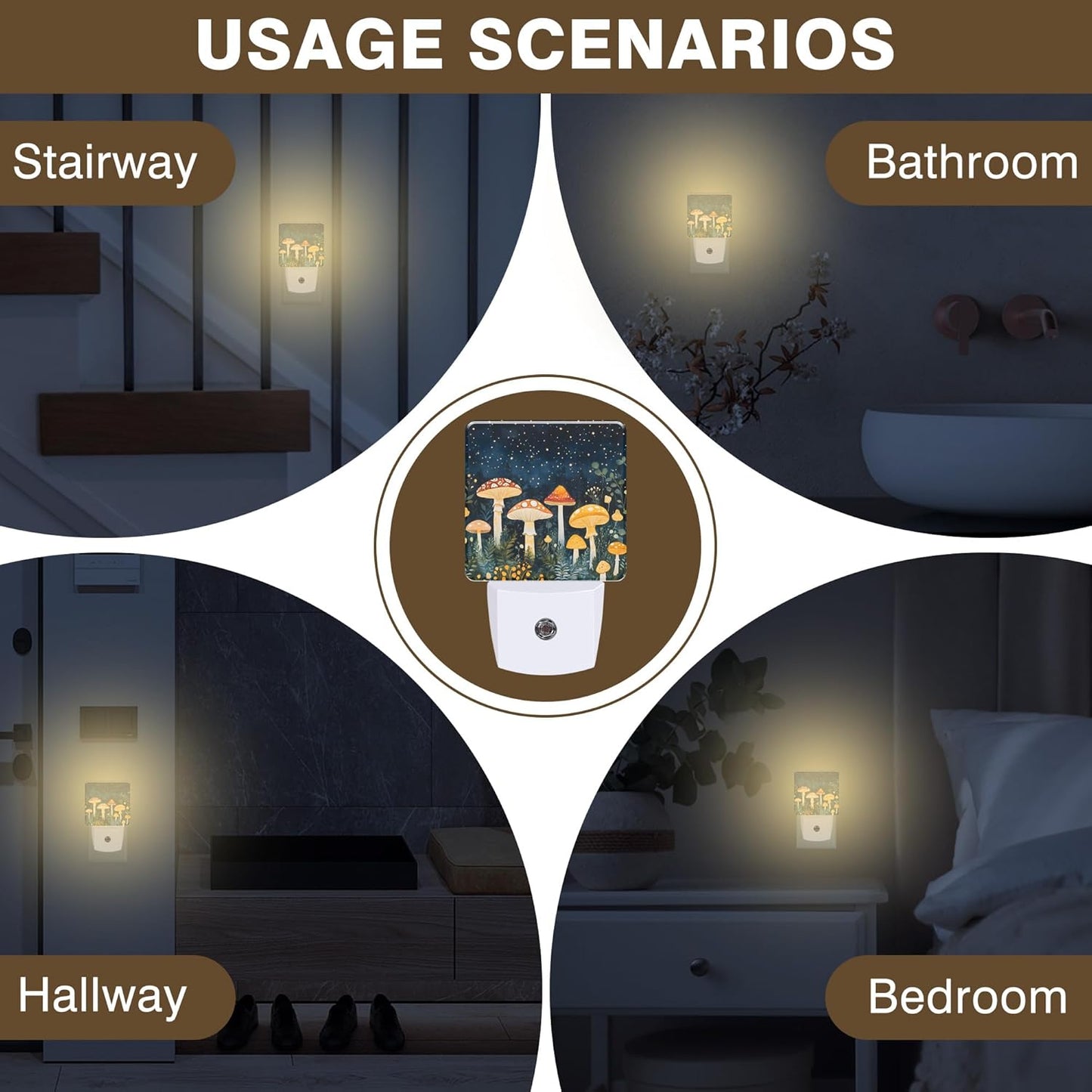 Mushroom in Fantasy Forest Night Light, Plug-in Nightlight with Dusk to Dawn Auto Sensor for Home Bedroom Hallway Kitchen 0.5W Sleep Friendly Led Lamp for Women Men