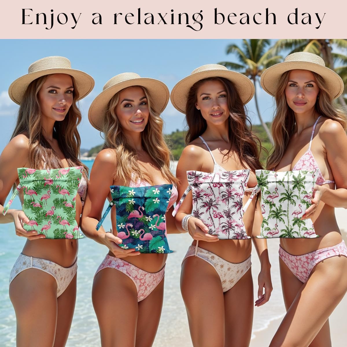 4 Pack Wet Bag for Swimsuit, Beach Travel Essentials Wet Dry Bag, for Sunscreen Toiletry Dirty Clothes Yoga Gym Diaper, Friend Summer Beach Vacation Gifts. Flamingo Series