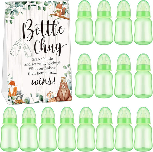 TrelaCo Bottle Chug Baby Shower Game 20 Pcs Baby Bottles Shower Favor with 1 Animal Theme Sign for Gender Reveal Party Supplies Gifts(Transparent Green)