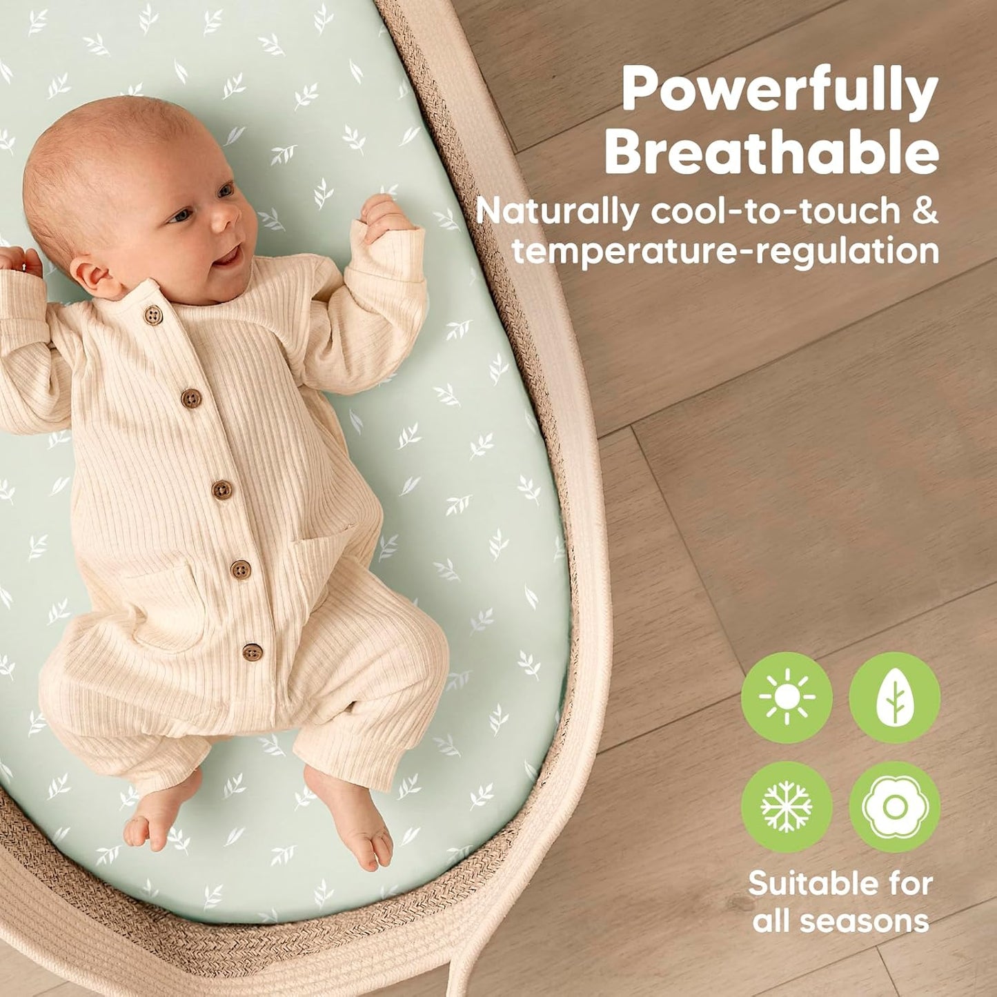 2-Pack Baby Bassinet Sheets Girl, Boy - 33x17 Viscose Derived from Bamboo Bedside Mattress Fitted Bassinet Sheets, Compatible with Halo Bassinest Swivel Sleeper, Baby Delight, Graco (Herb)