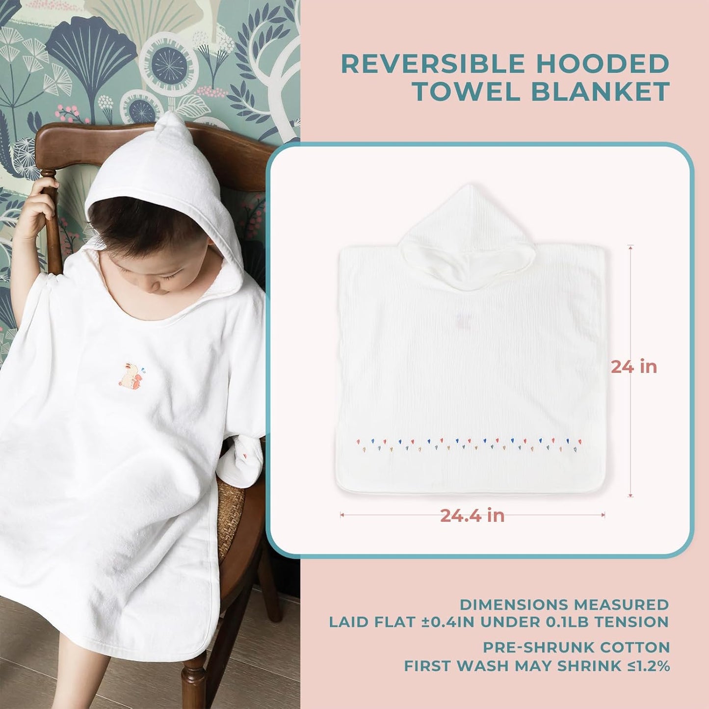 Poncho Muslin Towels for Kids Set of 6 for Embroidery,Baby Bath Towels with Muslin and Soft Terry Towel,24" x 24"Baby Beach Poncho with Seamless Pro Edge, Gifts for Boys and Girls