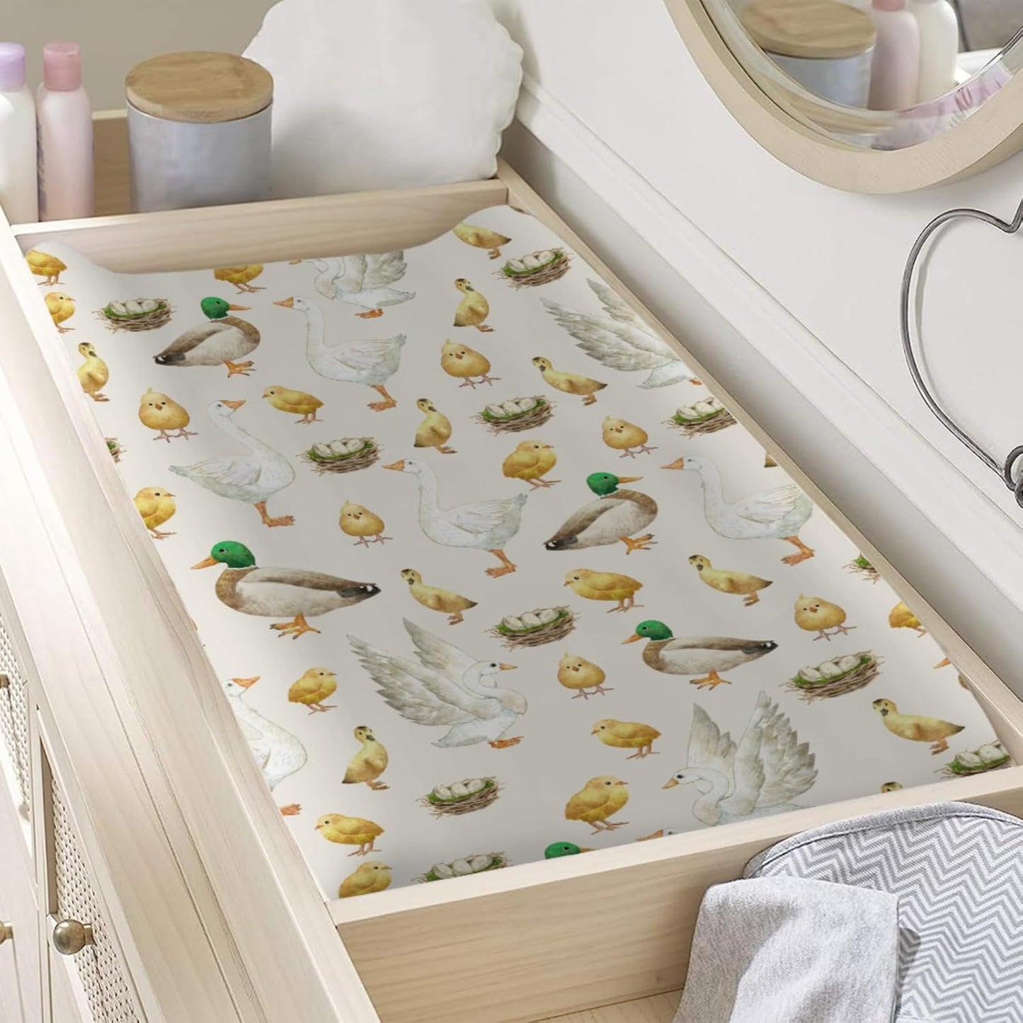 Watercolor Farm Birds Ducks Eggs Baby Changing Pad Cover Sheets for Boy Girl 32''x16'' Farm Animals Unisex Fitted Changing Table Sheets Comfort Soft Breathable Nursery Change Table Mats