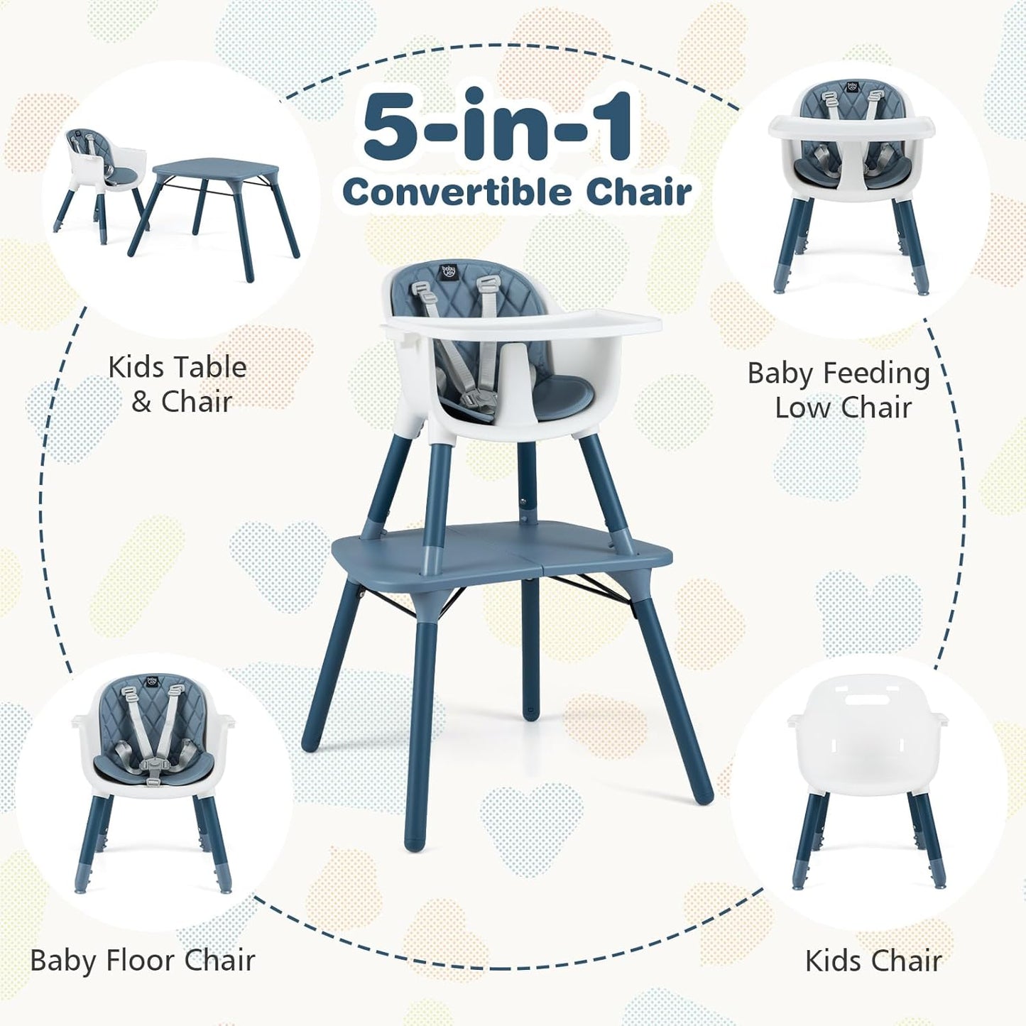BABY JOY High Chair, 5 in 1 Convertible Highchair for Babies & Toddlers | Booster Seat | Table and Chair Set | Infant Feeding Chair with Removable Tray, Safety Harness, Removable Cushion (Blue)