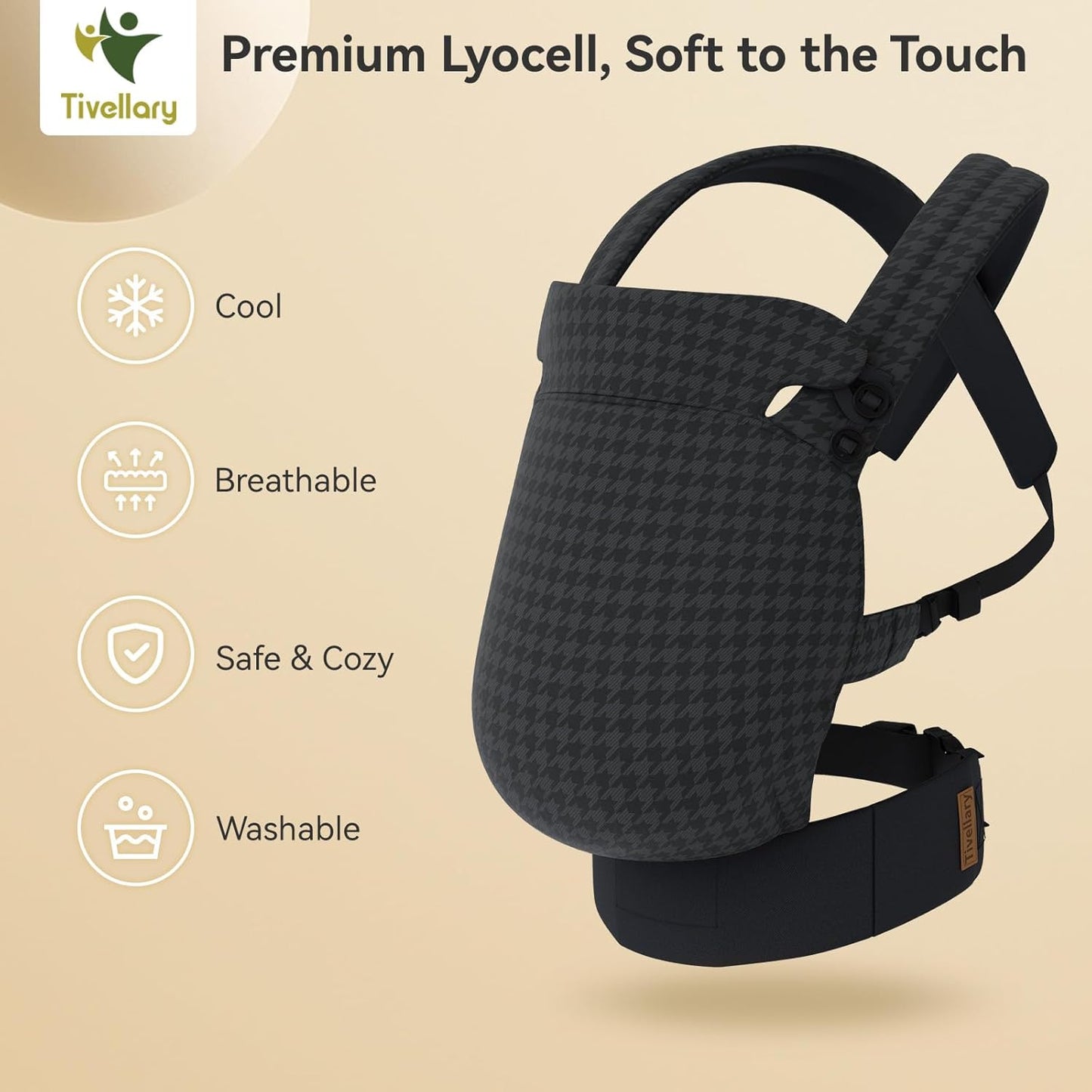 Reversible Baby Carrier – Black Solid & Houndstooth; Lightweight & Breathable Lyocell Fabric; Ergonomic Lumbar Support and Quick Hands-Free Wear for Newborn to Toddler (7–44 lbs)