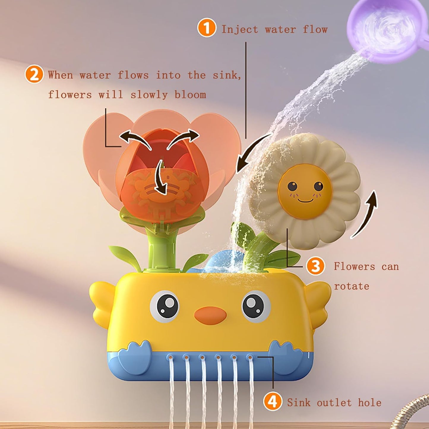Durable Bath Toys for Toddlers 1-3 with Spinning Flower, Baby Waterfall Bathtub Toy W/Suction Cup and Spoon,Kids Bathtub Shower Play Set for Fun Bath Time Play