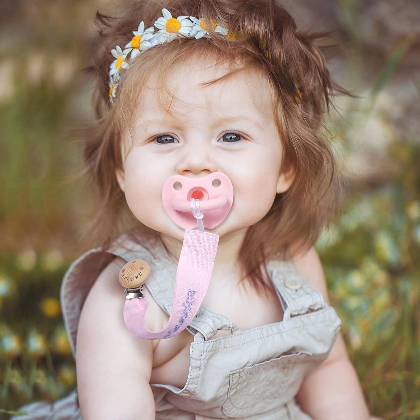 TYRY.HU Personalized Pacifier Clip with Name, Embroidery Pacifier Holder for Baby Girls and Boys, Neutral Binky Clips Universally Fit All Pacifiers & Baby Toys, Baby Gift, 2 Pack(Pink, Khaki)