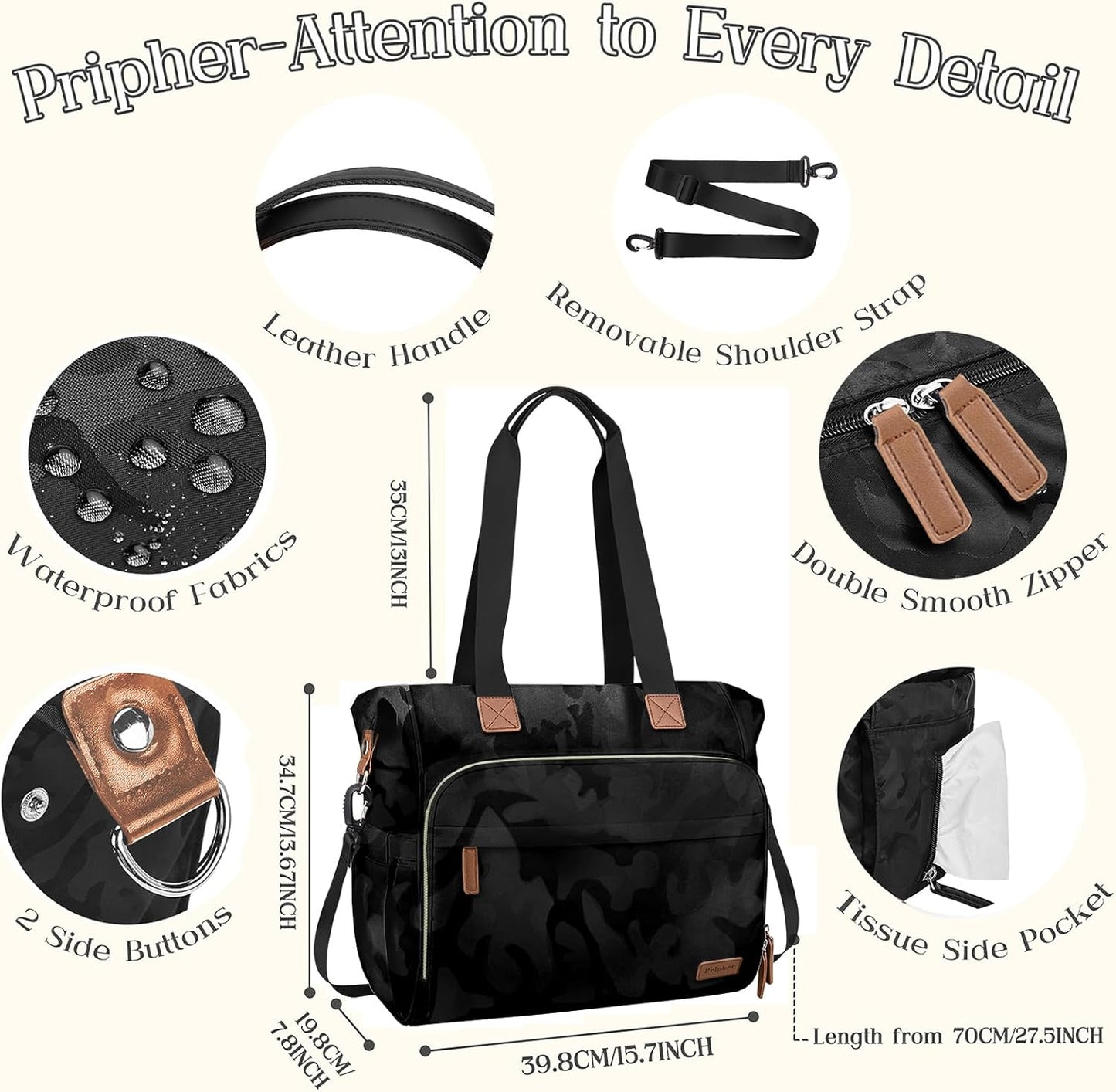 Diaper Bag Backpack, Mommy Travel Diaper Bag Tote with Shoulder Strap, Hospital Bag, Weekender Baby Bag for Mom