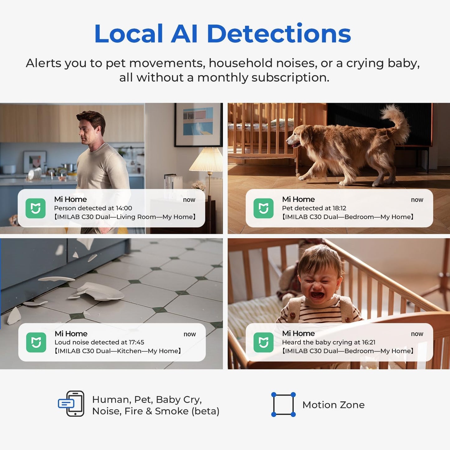 IMILAB C30 Dual Security Camera Indoor, 3K+3K Lens Pet/Baby Monitor Camera, 360° Home/Room Cam for Bedroom, Cry/Smoke/Fire/Person Alerts, App Control, Plug-in 5G WiFi Cam, Wall Mount, No Monthly Fee