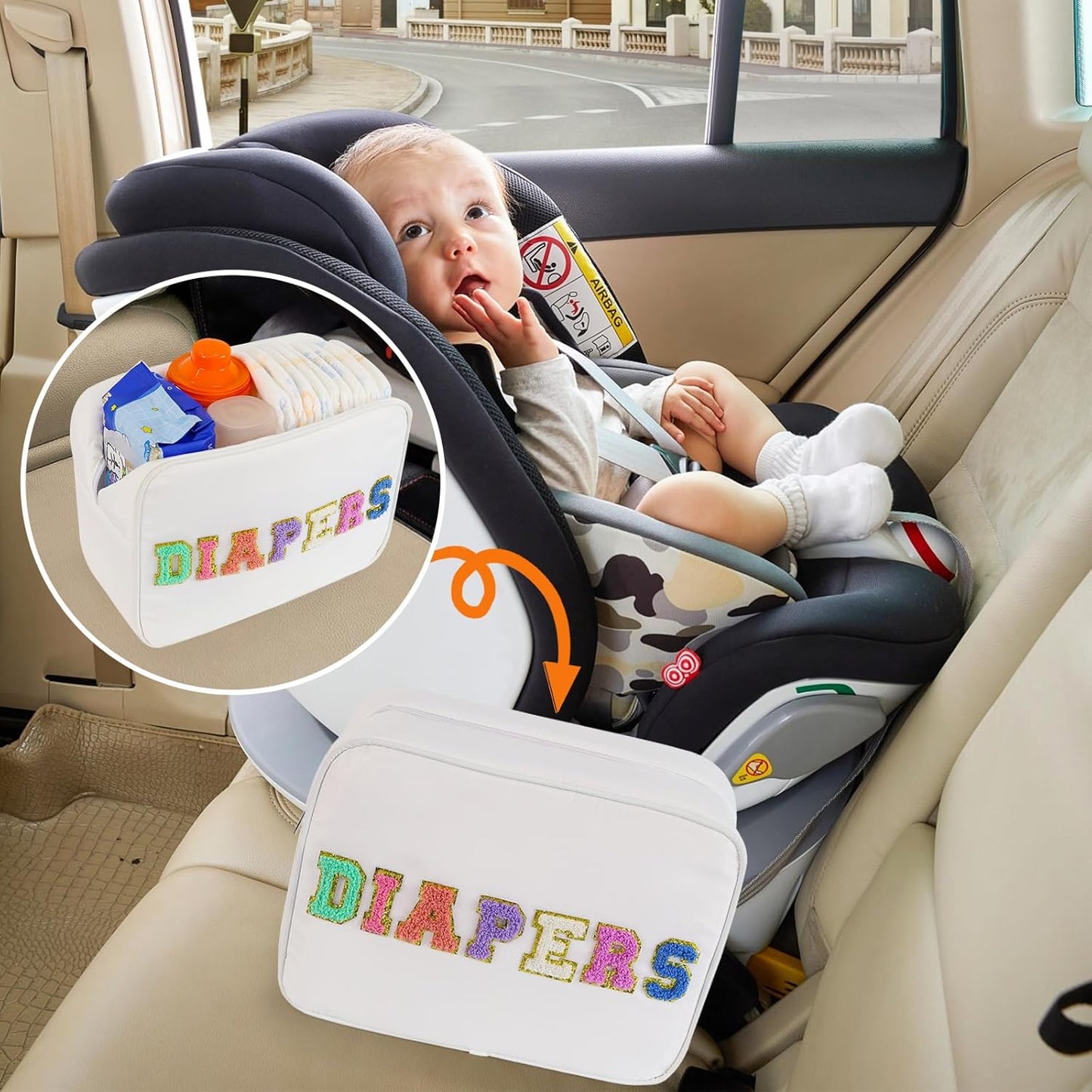 Portable Small Diaper Bag, Chenille Letter Diaper Caddy Organizer Pouch Newborn Baby Essentials Must Haves for Nursery Changing Table, White Waterproof Diaper Pail Baby Shower Gifts for Mom To Be