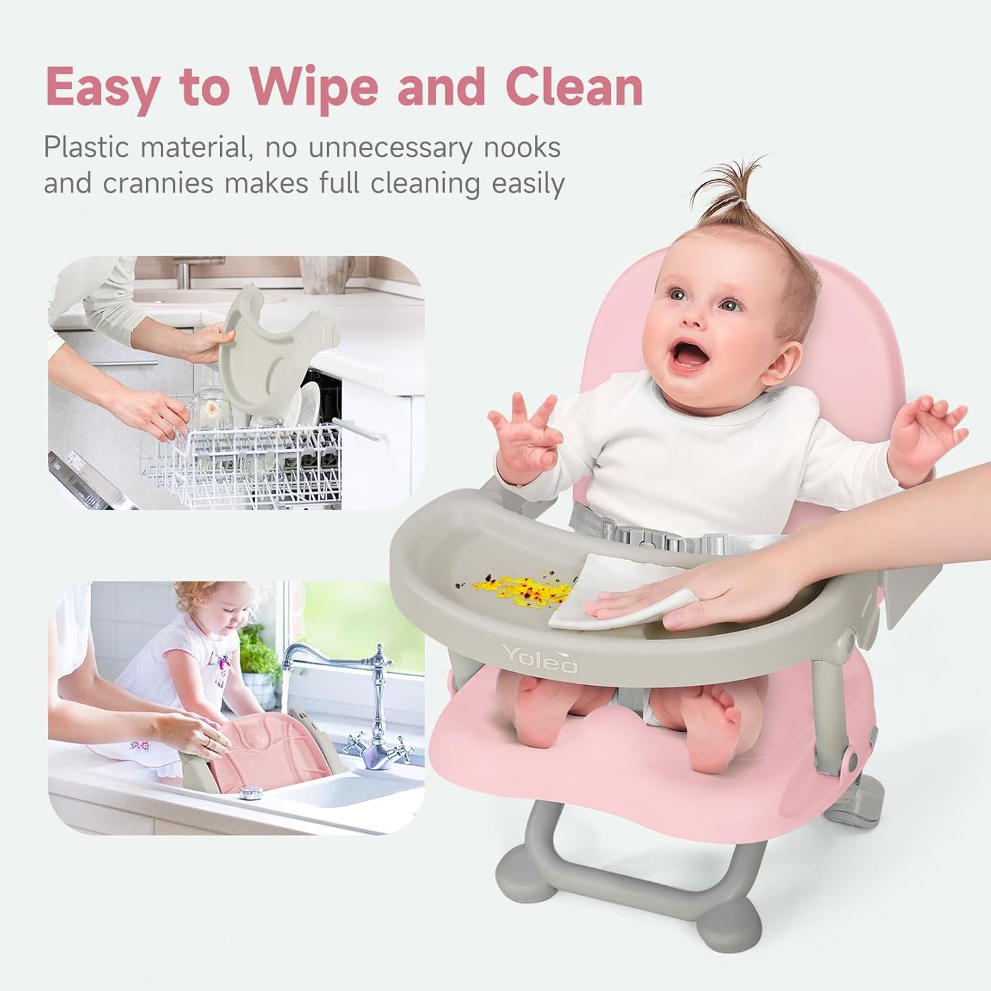 YOLEO Baby High Chair Booster Seat for Dining Table, Adjustable Height Travel Foldable High Chairs with Tray