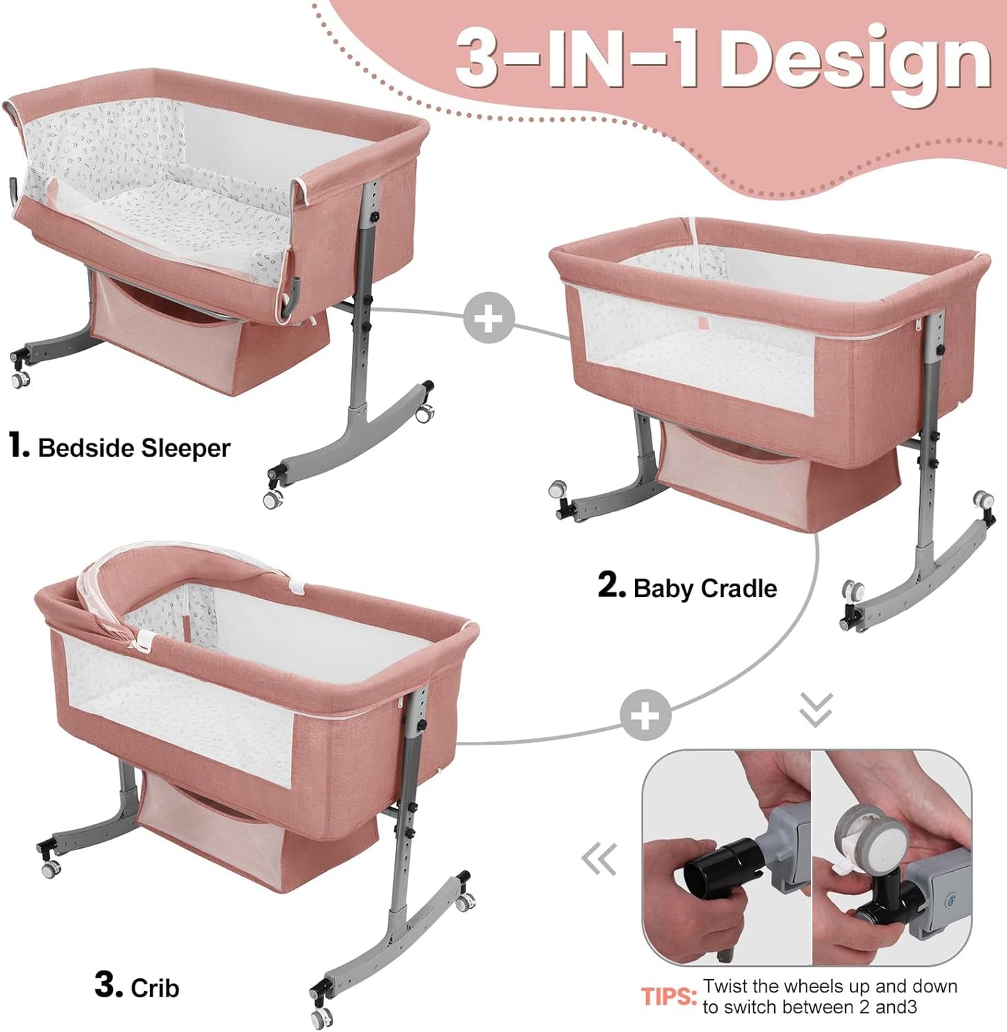 3-in-1 Baby Bassinet Bedside Sleeper for Newborns & Infants - 6-Level Height Adjustable, Portable Convertible Bassinet/Cradle with Mosquito Net, Storage Basket & Wheels,Easy Assemble (Pink)