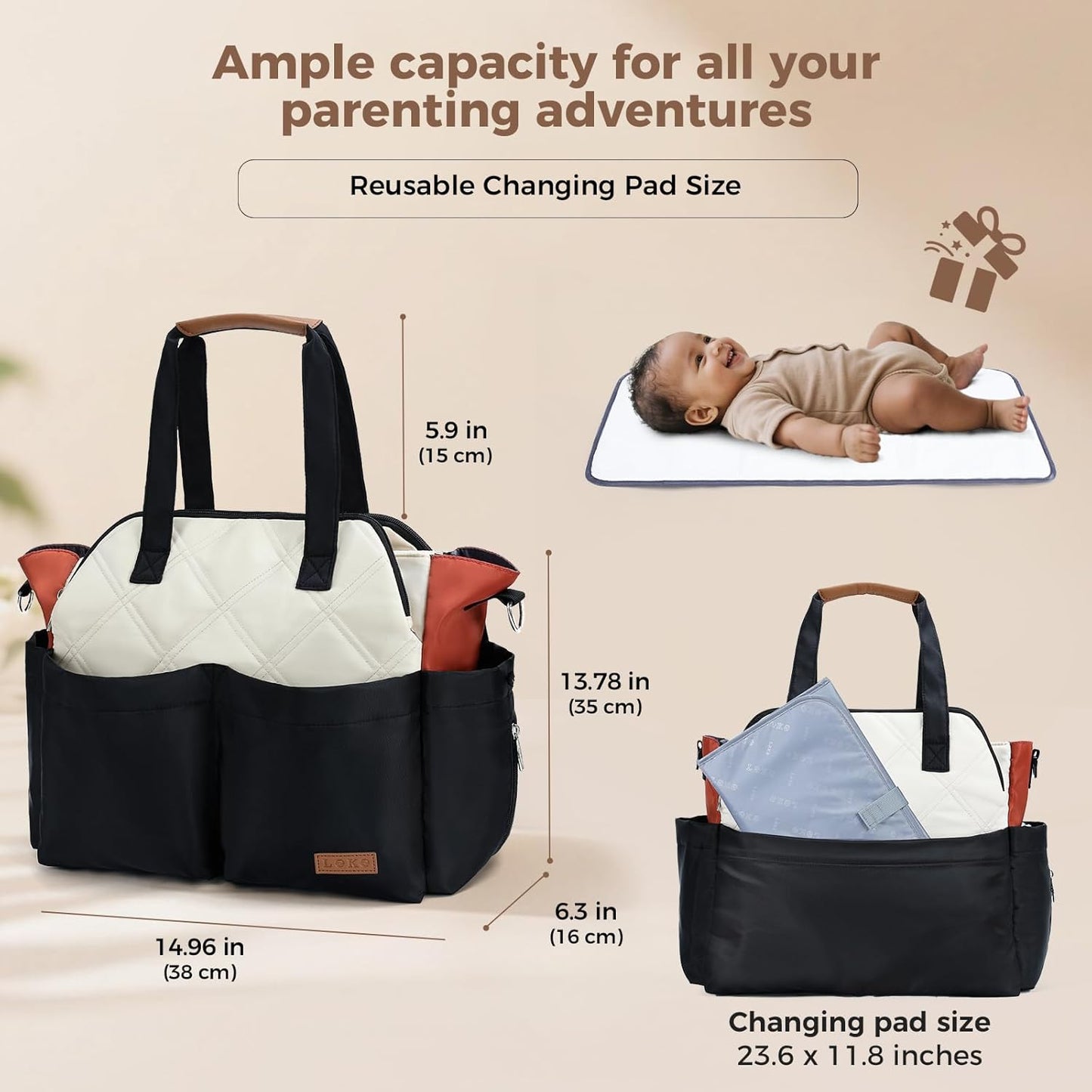 Lekebaby Diaper Bag Tote, Large Diaper Bags Waterproof,Large Mommy Bag Tote Bag Handbag Pink Travel, Black and Beige