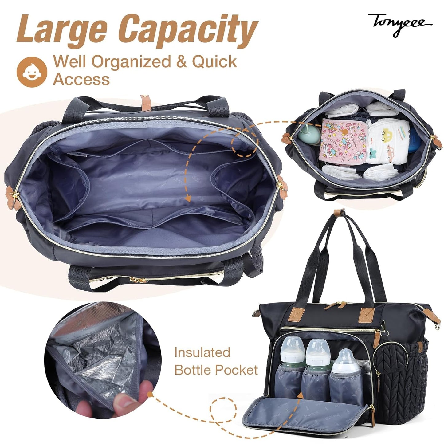 Diaper Bag Tote, Large Diaper Bags Waterproof, Hospital Bag for Labor Delivery, Baby Bag with Pacifier Case, Travel Diaper Tote with Changing Pad, Black