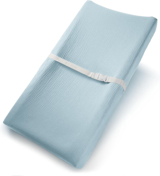 Comfy Cubs Muslin Fitted Changing Pad Cover - Soft, Breathable & Washable 100% Cotton Fitted Sheet for Baby's Comfort - Universal Fit for Flat & Curved Baby Changer Pad - Sky Blue