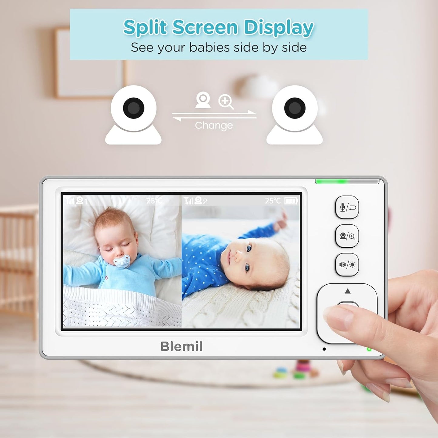 Blemil Baby Monitor with 2 Cameras and Audio, 4.3'' IPS Split-Screen Monitor with 29-Hour Battery, 1000ft Range Pan-Tilt-Zoom Video Baby Monitor No WiFi, 2X Zoom