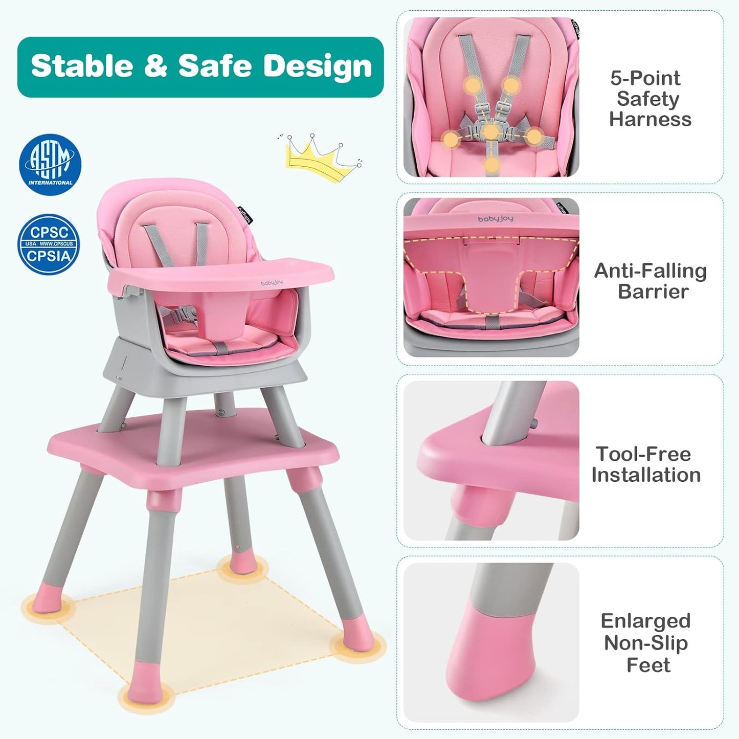 BABY JOY Baby High Chair, 8 in 1 Convertible Highchair for Babies & Toddlers | Booster Seat | Table and Chair Set | Building Block Table | Toddler Chair with Safety Harness, Removable Tray (Pink)