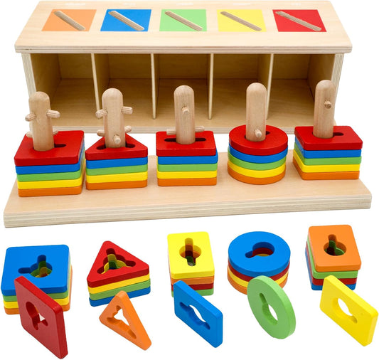 Montessori Wooden Sorting Stacking Toys Color Recognition Shape Sorter Building Blocks Shapes Puzzle for Toddlers 1-3 Fine Motor Educational Toy Sensory Toys for 1 2 3 4 5 Years Old Kids