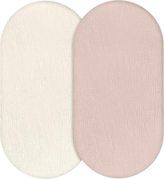 Muslin Bassinet Fitted Sheets, 2 Pack for Baby Boy and Girl, Soft Breathable Stretchy Baby Pad/Mattress Sheet Set, Universal Fit for Hourglass Oval and Rectangle Bassinet Mattress (Gentle Colors)