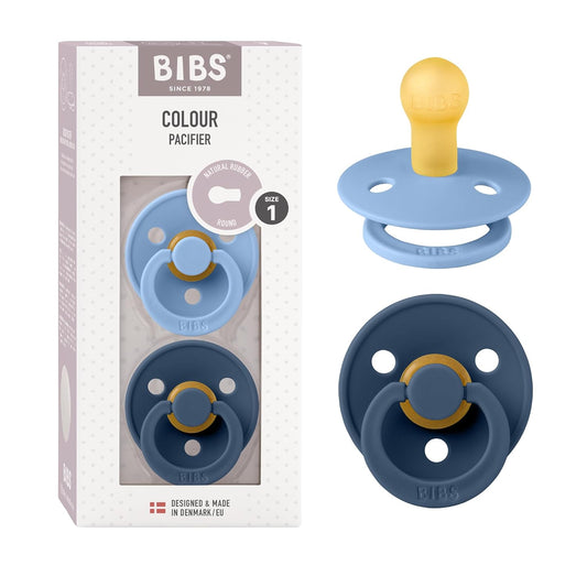 BIBS Colour Baby Pacifier 2-Pack | Made in Denmark | BPA Free Dummy Soother, Round Nipple. Natural Rubber Latex, Size 1 (0-6 Months), Sky Blue / Steel Blue