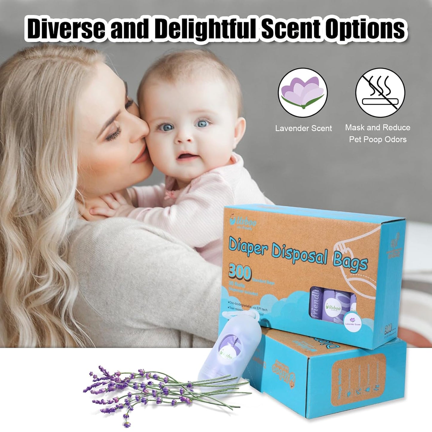 Disposable Diaper Bags for Baby, 20 Refill Rolls (300 Pack),Baby Poop Bags with Dispenser, Essential for Travel and Quick Change on The Go, Purple and Lavender Scented