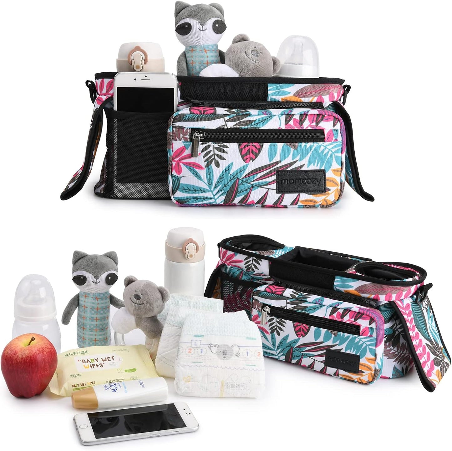 Momcozy Universal Stroller Organizer, 2 Insulated Cup Holders, Removable Zip Pocket, Adjustable Straps, Large Capacity Baby Essentials Compact Design, Fits Any Stroller (Multicolor)