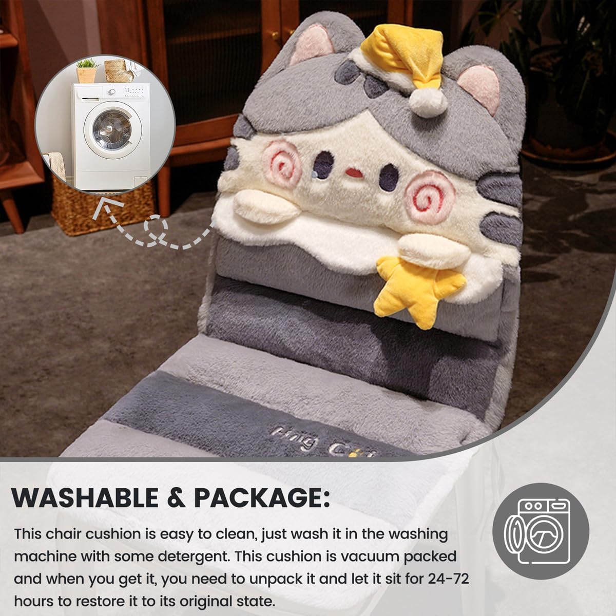 Cartoon Cat Seat Pads Non Slip Machine Wash Soft Cushion for Bedroom Décor, Gamer and Dining Chairs (31"x15", Grey)