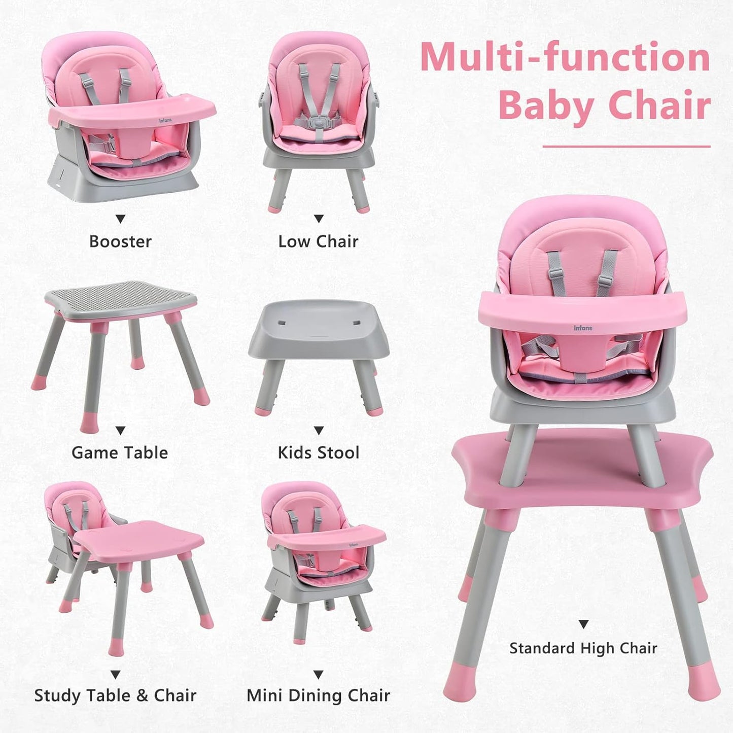 INFANS 8 in 1 Baby High Chair, Convertible Highchair for Babies and Toddlers, Infant Dining Booster Seat, Building Block Table, Kids Stool Table Chair Set with Removable Tray