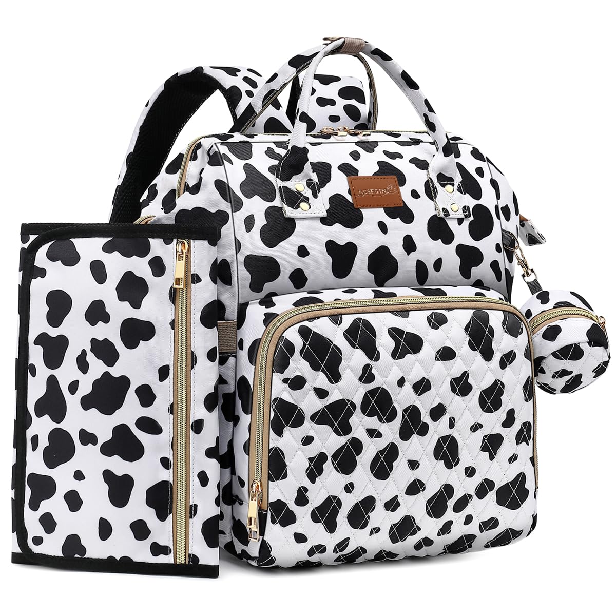 Diaper Bag Backpack with Changing Pad, Pacifier Case, Baby Bag for Boy Girl Toddler - Large, Stylish, Waterproof Travel Quilted Diaper Bag for Mom - Baby Shower Registry - Cow