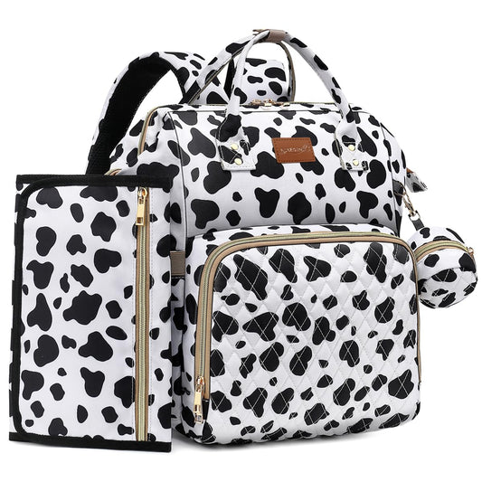 Diaper Bag Backpack with Changing Pad, Pacifier Case, Baby Bag for Boy Girl Toddler - Large, Stylish, Waterproof Travel Quilted Diaper Bag for Mom - Baby Shower Registry - Cow