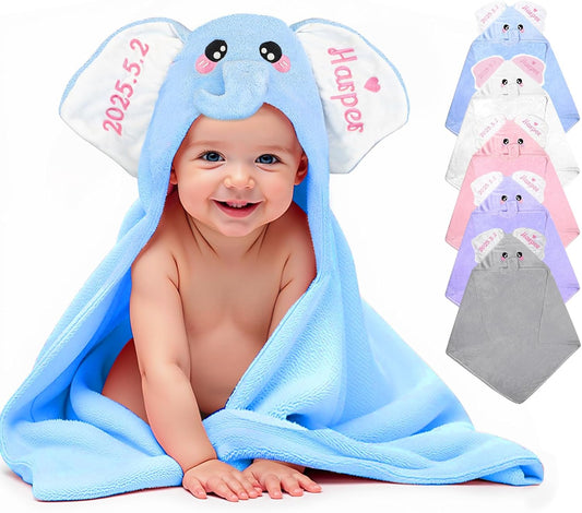 Custom Hooded Baby Towel with Name, Personalized Soft Absorbent Elephant Bath Towel, Shower Towels for Girls Boys, Easter Brithday for Baby, Toddler, Newborn Essential