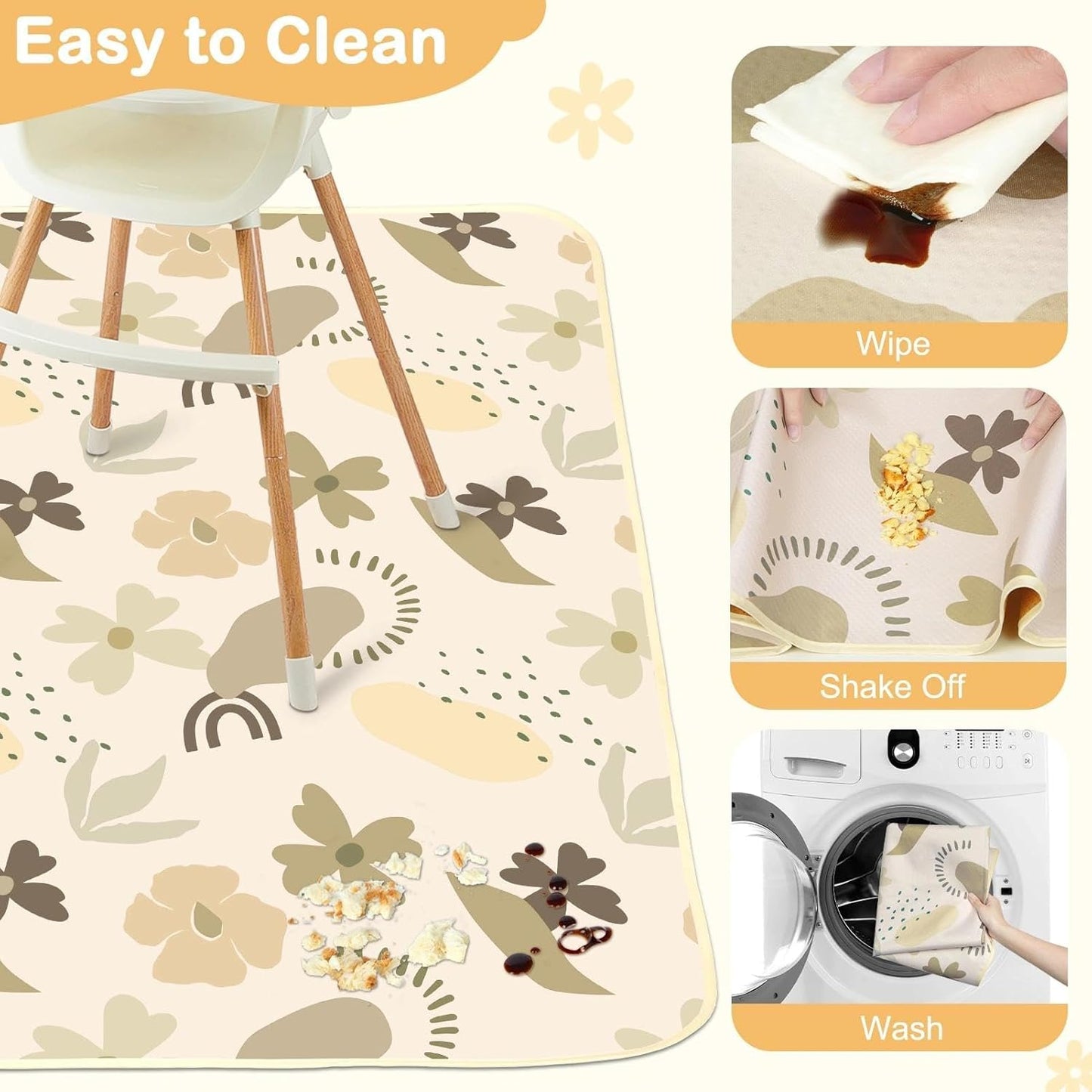 Splat Mat for Under High Chair 42 x 42 Inch Waterproof Baby Splash Mat with Non Slip Bottom Reusable Portable Highchair Mat for Floor Food Catcher for High Chair, Coffee Flowers
