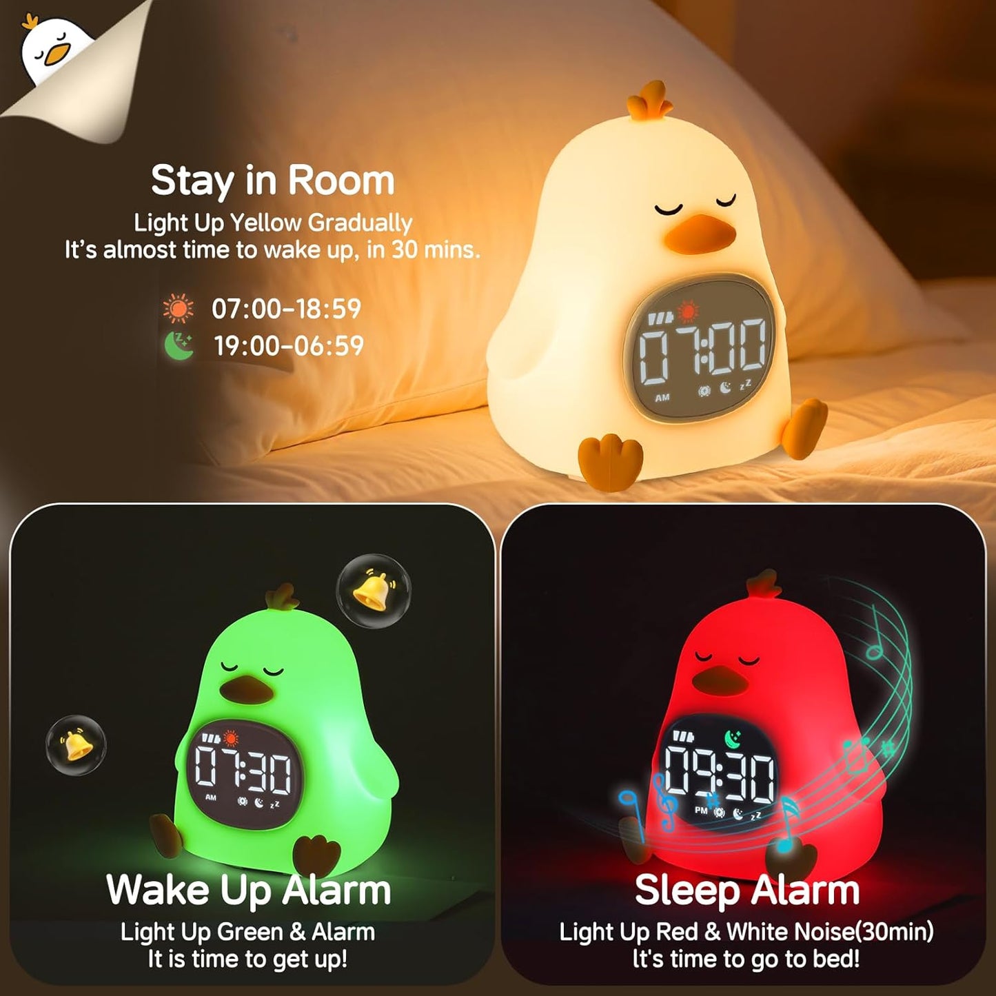 Alarm Clock for Kids with Night Light, Sleep Training Clock Time to Wake Clock, Rechargeable Silicone Light for Bedroom, Perfect Sleep Companion for Boys Girls, Sleepy Duck
