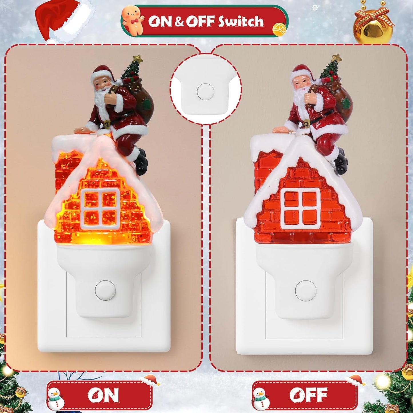2 Pack Christmas Santa Night Light Plug into Wall Glitter Water Nightlight with USB/Outlet Options, Christmas Decorative Nightlight for Bedroom Kitchen Hallway Holiday Decorations Gifts (Santa)