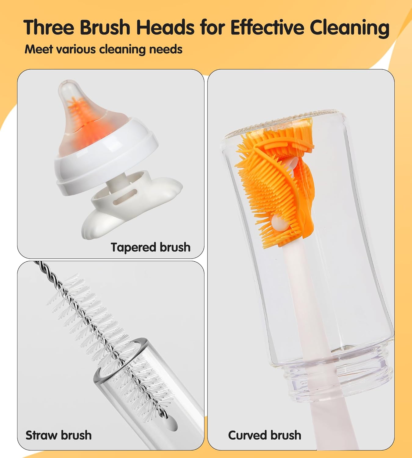 3-in-1 Bottle Cleaner Brush Kit, Long Handle Silicone Baby Bottles Cleaning Brush Set, 360° Flexible Multifunctional Water Bottle Washer for Baby Bottles, Breast Pump, Spout, Nipple & Straw