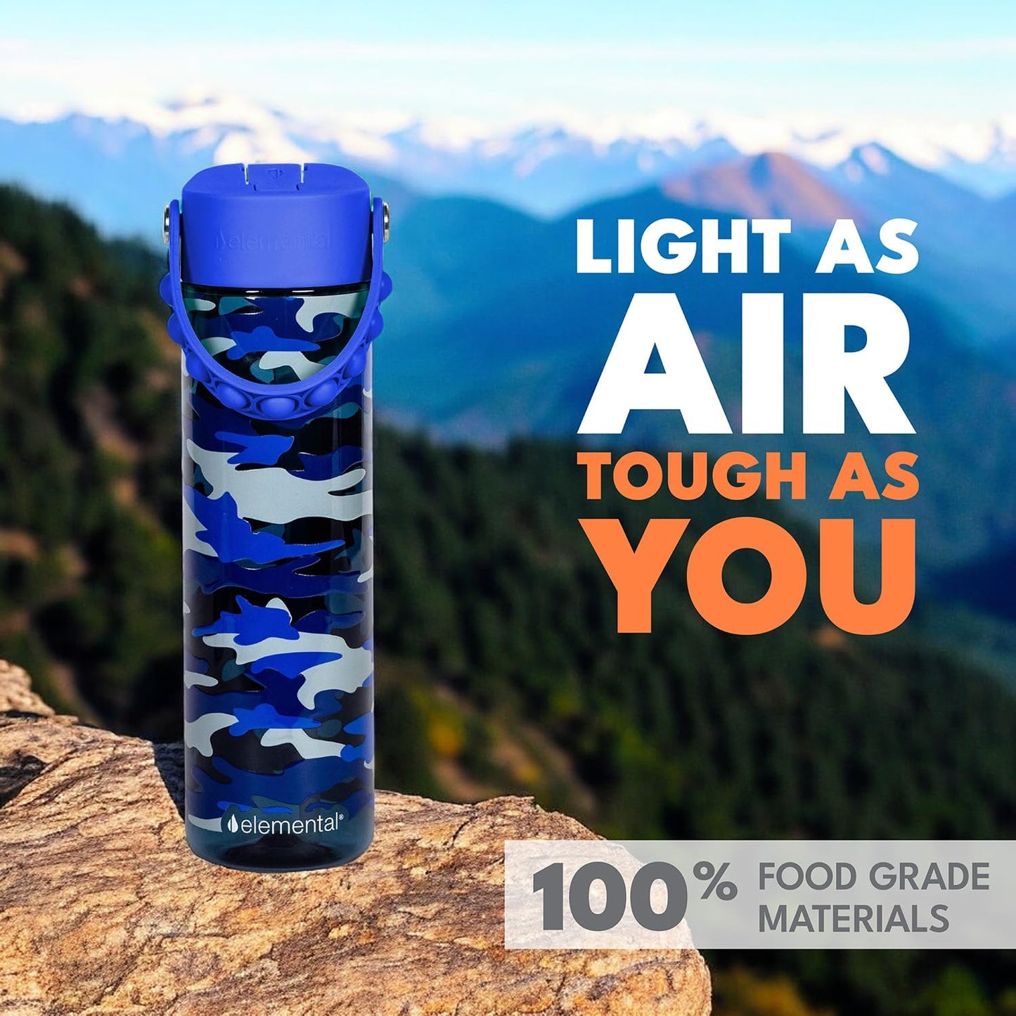 Elemental Splash Water Bottle with Straw - BPA-Free Tritan Plastic Reusable Water Bottle with Pop It Strap - Ideal for Travel, Gym and Sports - Leak Proof when Spout is Closed - 26oz - Blue Camo