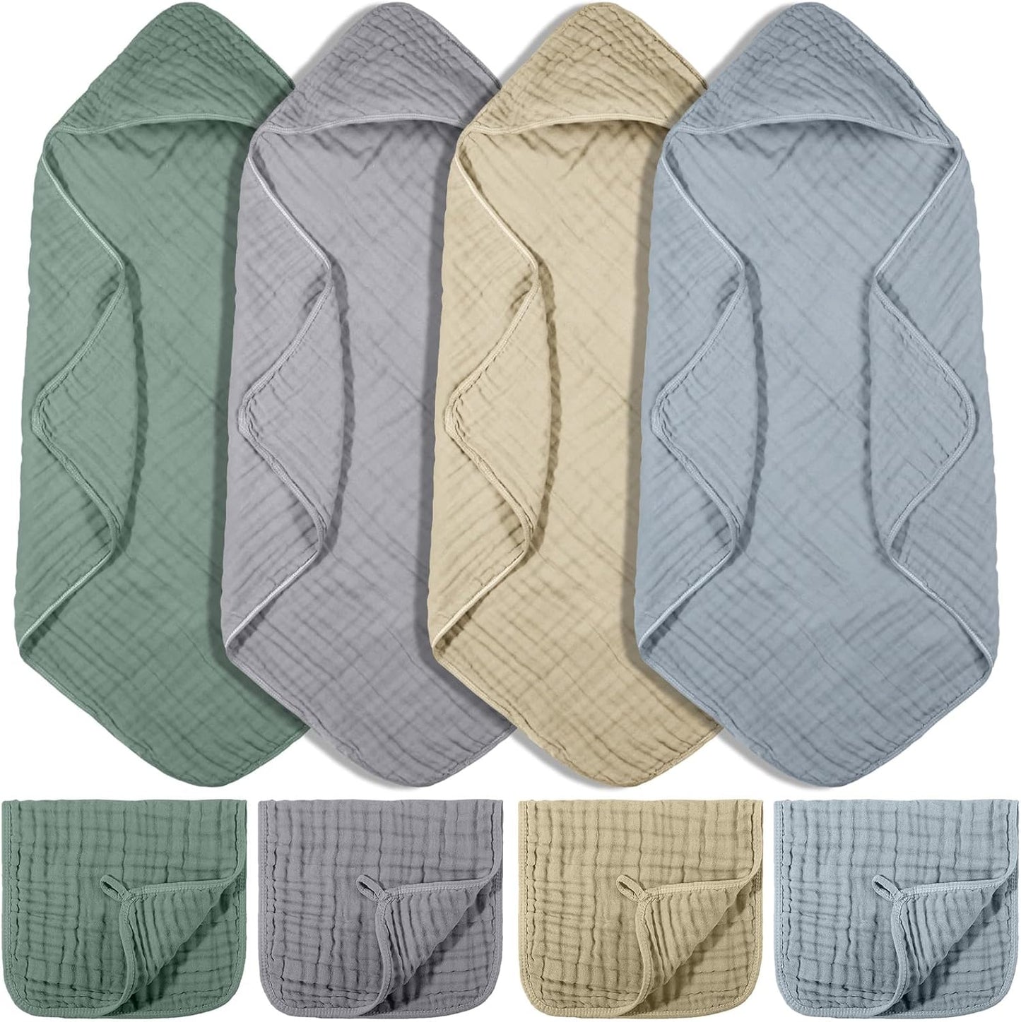 VitalCozy 8 Pcs Baby Muslin Hooded Bath Towels and Washcloths, 32 x 32 Inch Muslin Hooded Baby Towels Absorbent Blankets for Gift Newborn Infant Shower (Pastel Color)